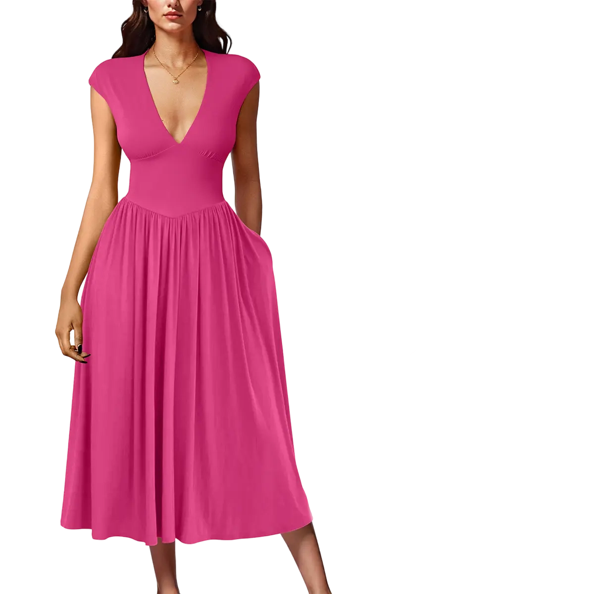 Women's Summer Deep V-Neck Cap Sleeve Pleated A‑Line Midi Dress with Pockets
