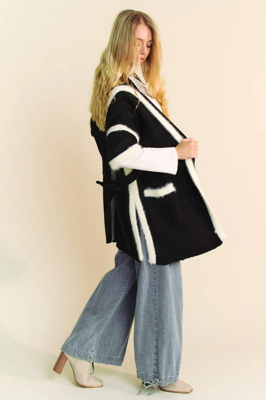 Fuzzy Trim Open Front Loose Fit Cardigan