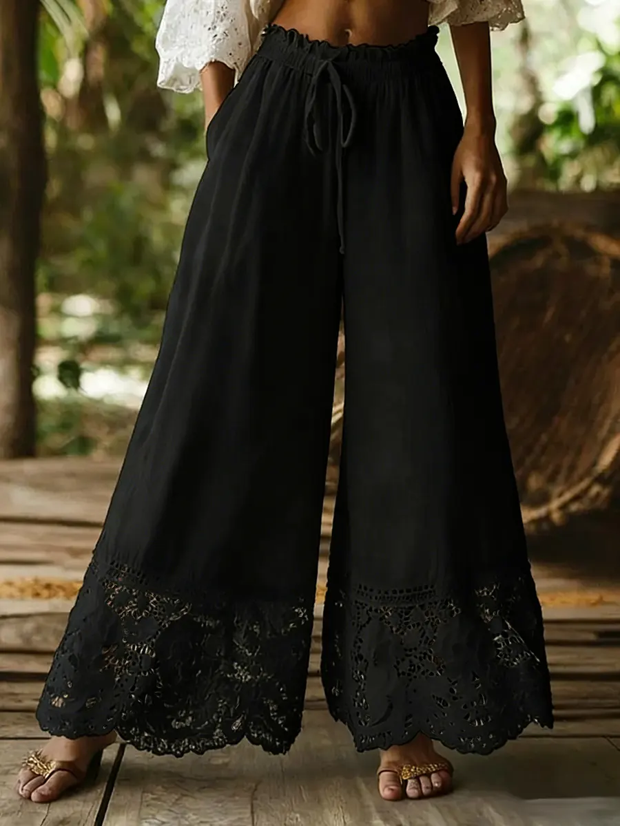 Women's Solid Color High-waisted Drawstring Wide-leg Pants With Cotton And Linen Lace Trim