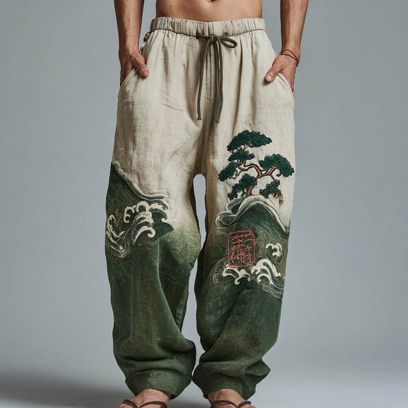 Men's Japanese Waves & Pine Tree Embroidered Linen Trousers