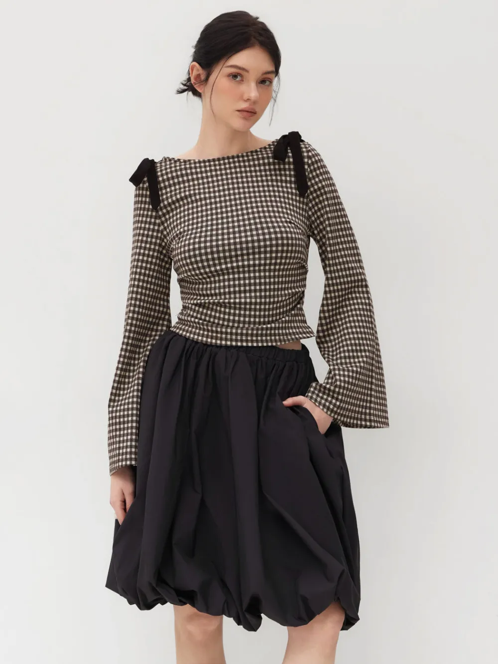 Boat Neck Gingham Bowknot Ruched Long Sleeve Top