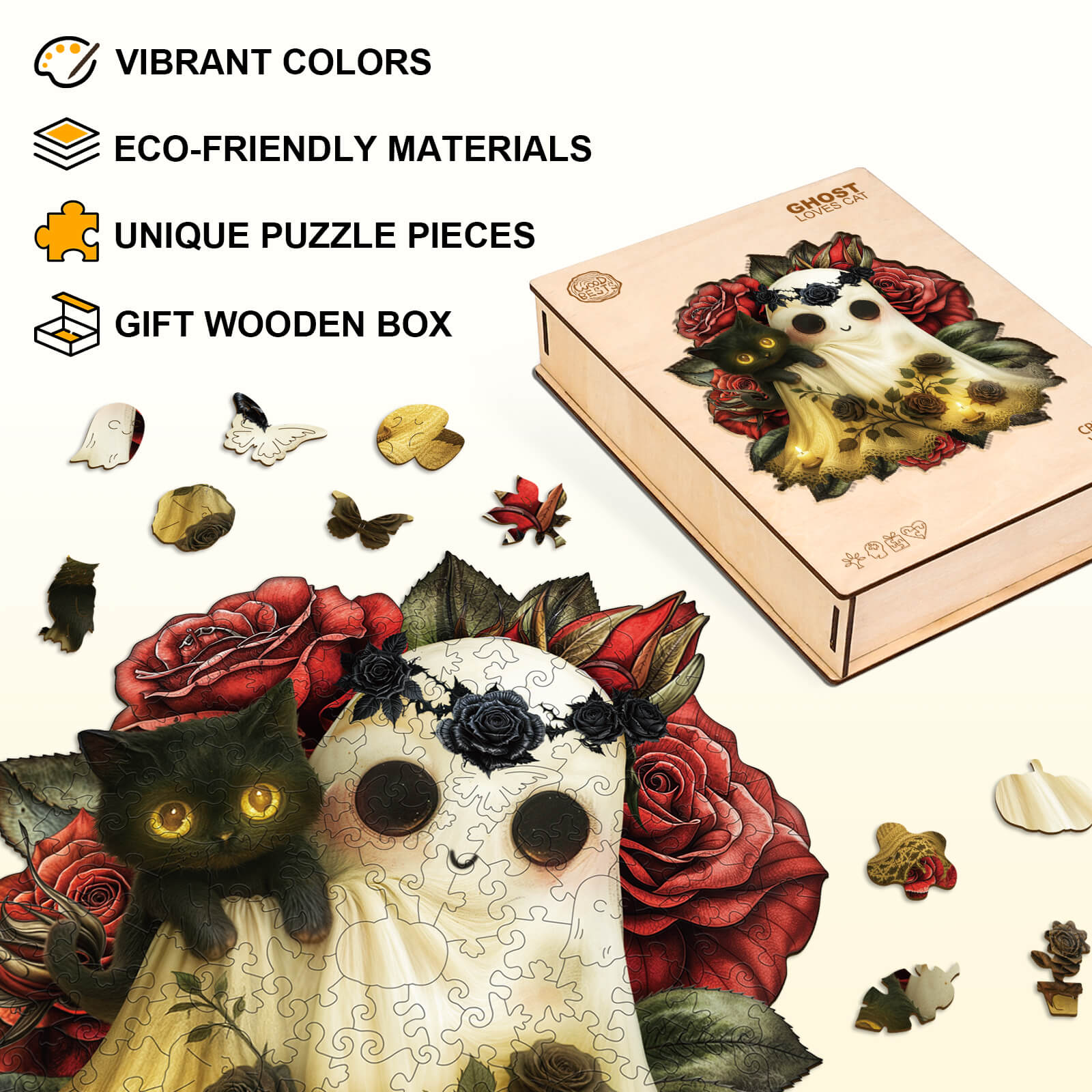 Ghost Loves Cat Wooden Jigsaw Puzzle