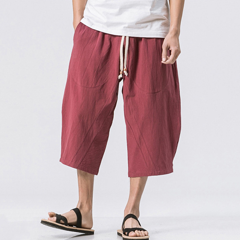 Men's Vintage Japanese Pocket Cotton Linen Casual Capri Pants