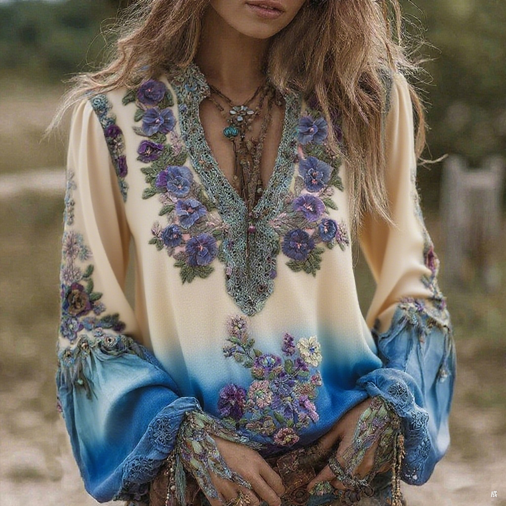 Vintage Classy Gradient Purple Pansy Embroidered Art Linen Long Sleeve Blouse