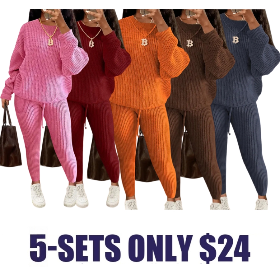 🔥Women's Solid Round Neck Drop Shoulder Sweater & Drawstring Waist Pants Knit Set, Casual Cozy Knitwear for Daily Outdoor Wear, Ladies Fall & Winter Outfits, Women's 2 Pcs Sweater Set