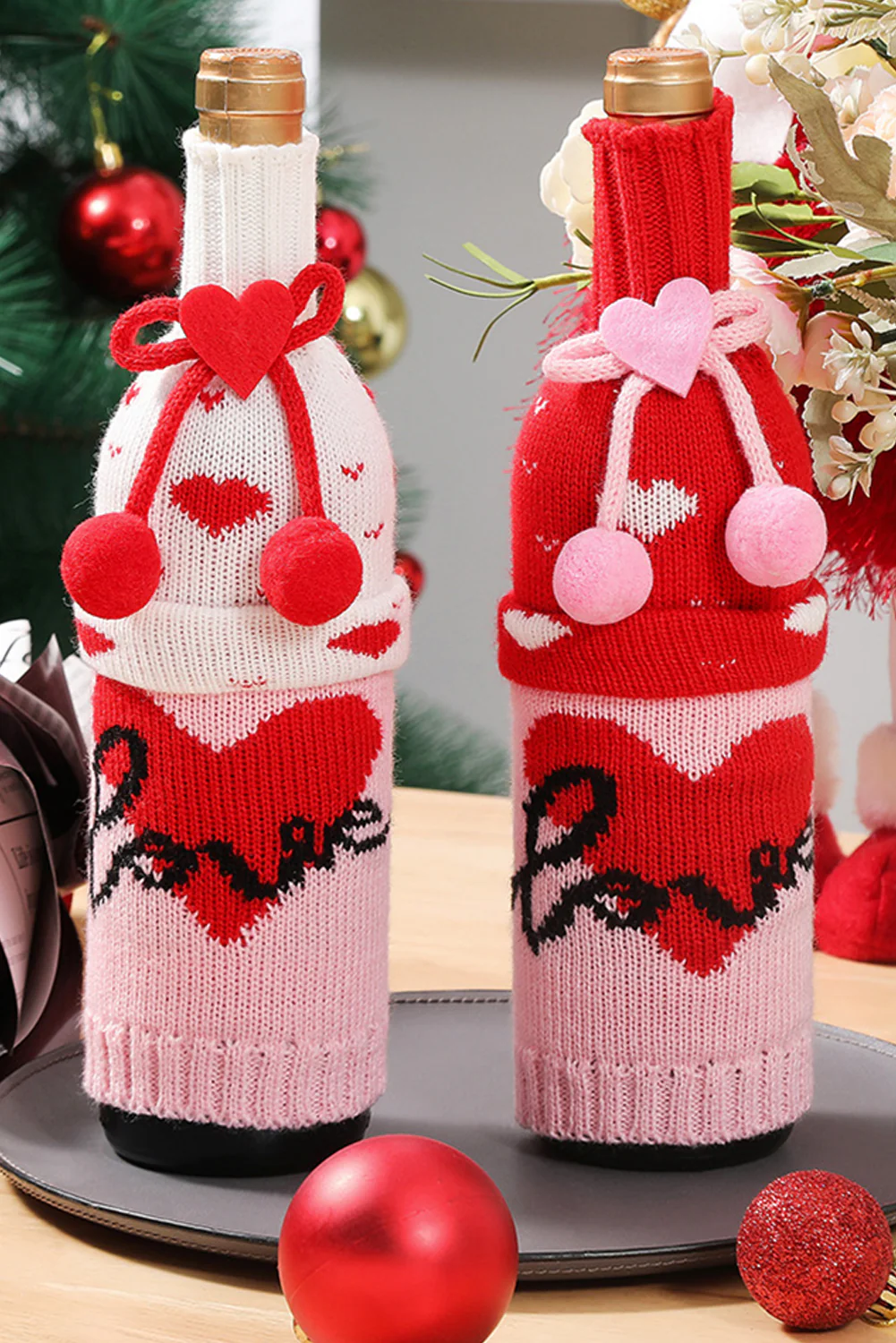 Racing Red Valentine Pattern Knitted Bow Knot Decor Wine Bottle Sleeve