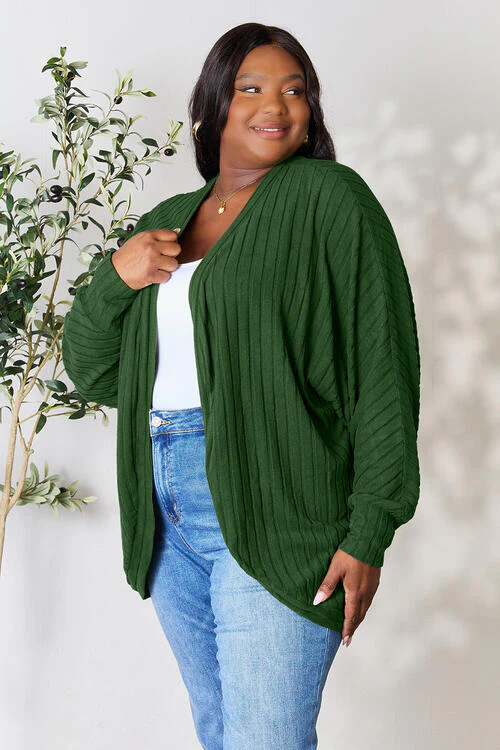 Full Size Ribbed Open Front Long Sleeve Cardigan
