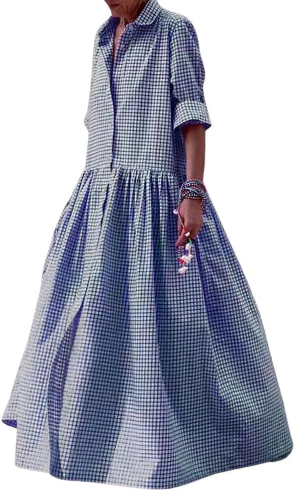 Women's Retro Plaid Button Down Maxi Shirt Dress(Buy 2 Free Shipping)