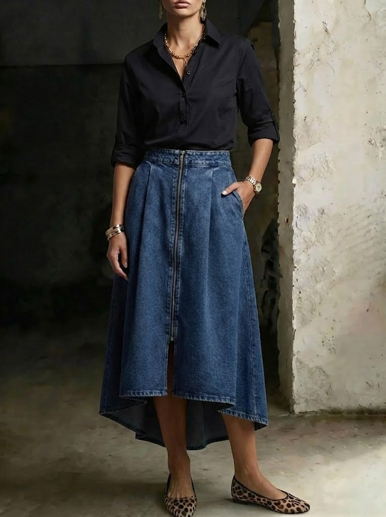 Women's Fashion Elegant Zippered Irregular Hem Denim Skirt