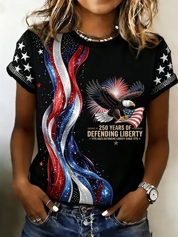 Ladies' Leisure 250Th Anniversary National Day Celebration Round Neck Short Sleeved T-Shirt