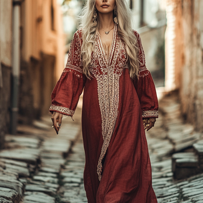 Ethnic Embroidery Vintage Casual Linen Dress e213