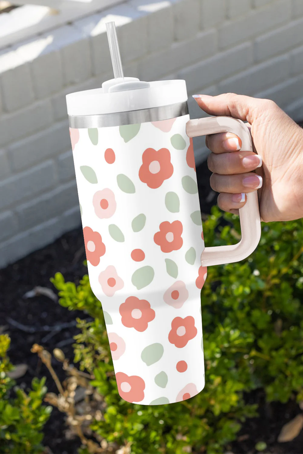 White Floral Leaves Print Stainless Large Portable Cup 40oz