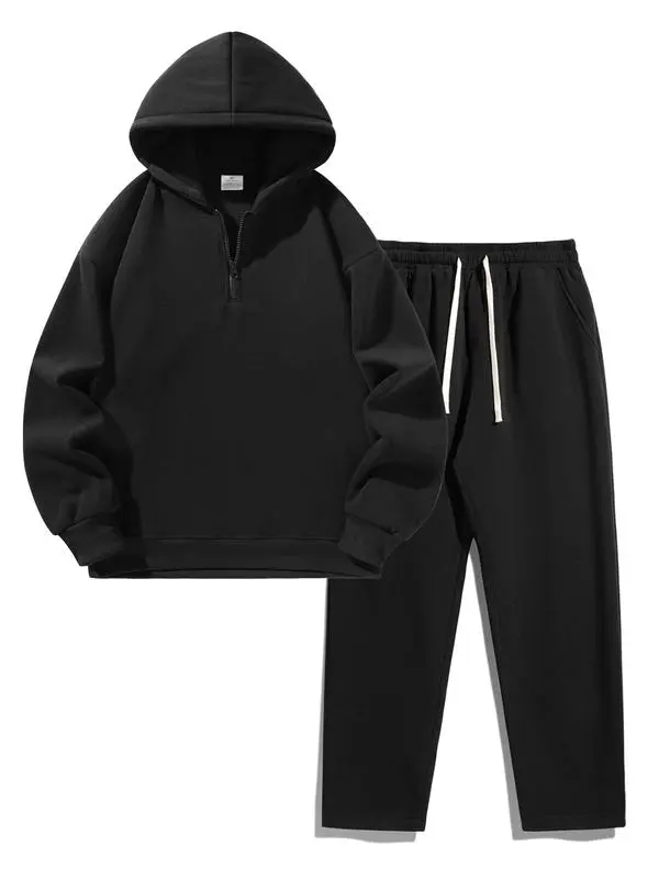 Men's Plain Two-piece Sweatsuit Set, Basic Regular Fit Casual Drop Shoulder Half Zip Hoodie & Pocket Drawstring Sweatpants