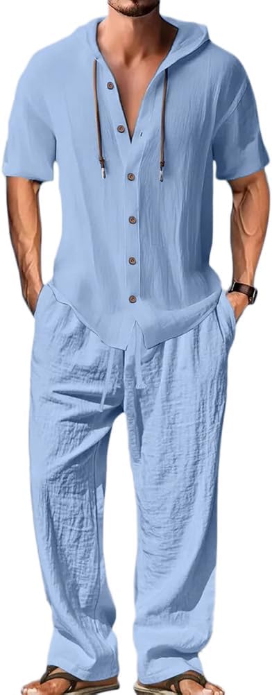 Men's Lightweight Hooded Two-Piece Set - Casual Vacation Loose Sweatshirt & Wide-Leg Pants for Summer