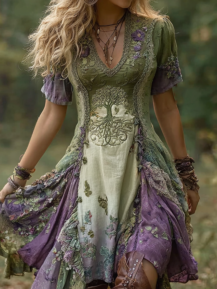 Women's Vintage Viking Tree Of Life Gradient Midi Dress