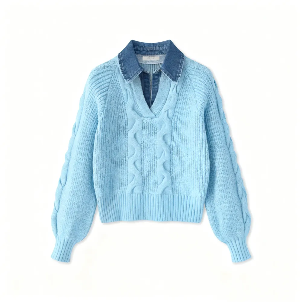 Denim Panel Ribbed Lapel Sweater