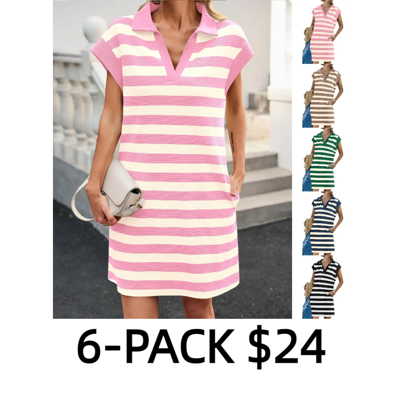 Womens Striped Summer Mini Dress Casual Cap Sleeve Polo V Neck T Shirt Dresses with Pockets