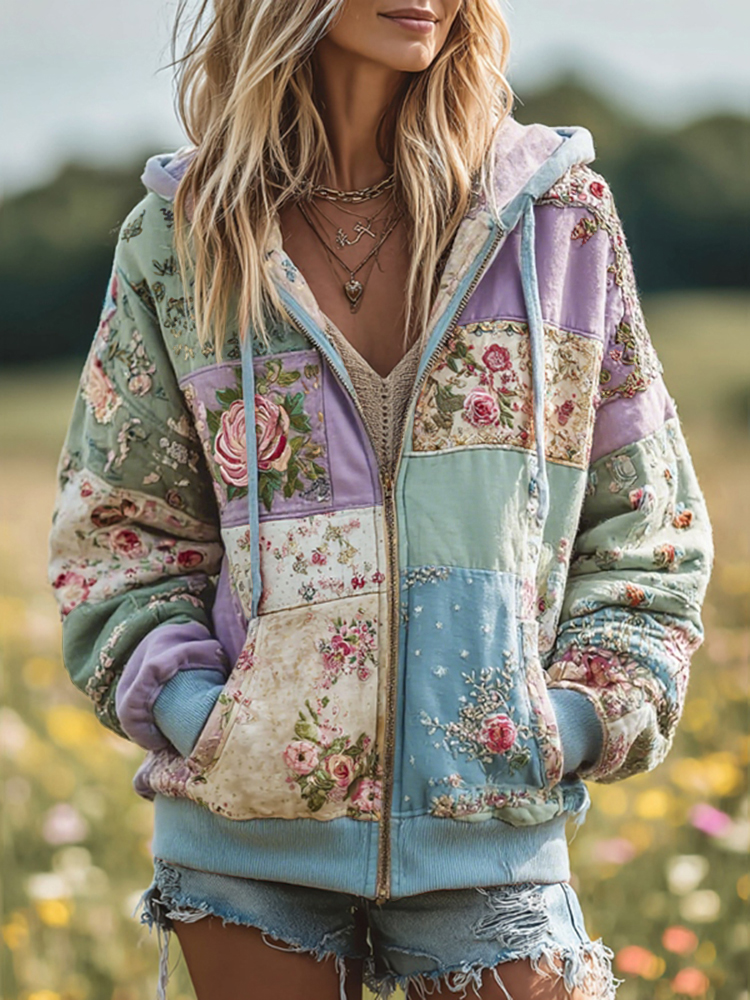 Women's Vintage Floral Patchwork Cozy Warm Zipper Hoodie