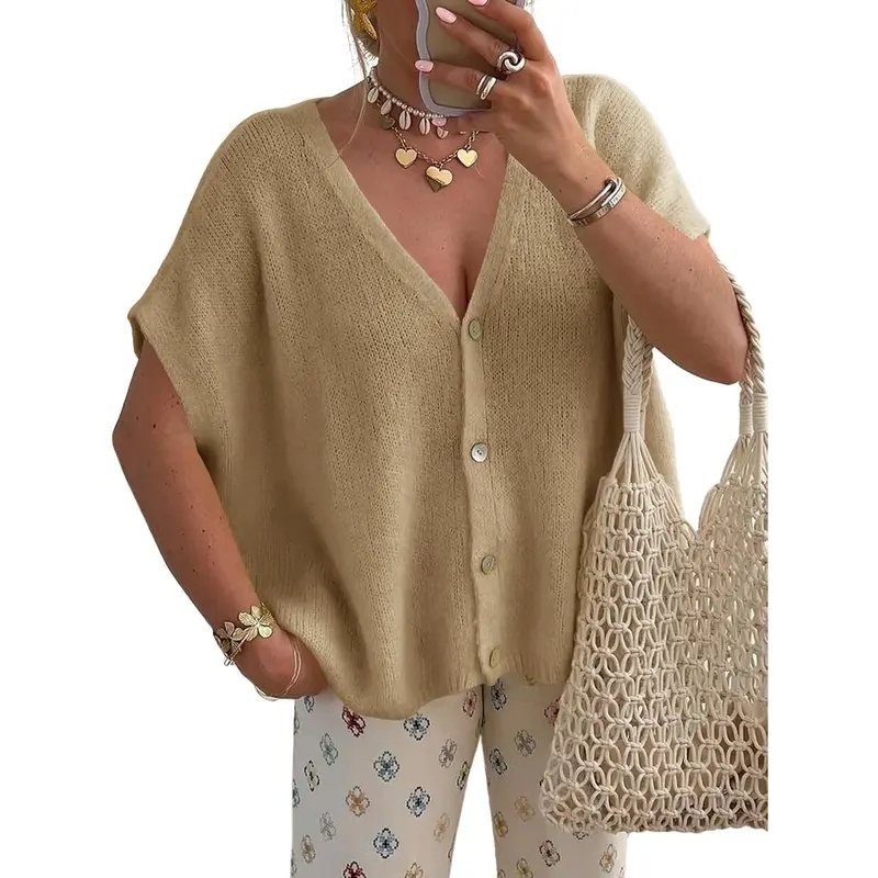 Womens Fall Oversized Cardigans Batwing Short Sleeve Lightweight Button V Neck Casual Knit Sweater Tops