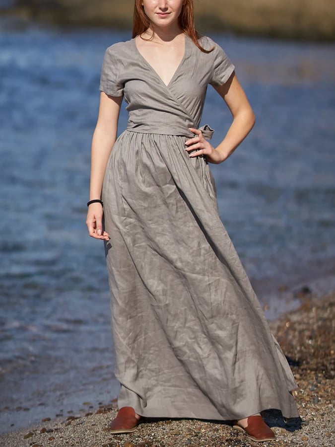 Women's Solid Color V-Neck Lace-Up Short Sleeve Linen Maxi Dress  edfd