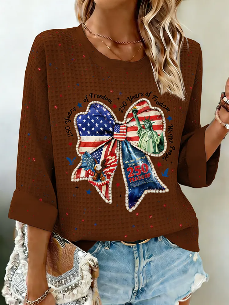 250 Years Of Freedom American Flag Bow Waffle Knit Top