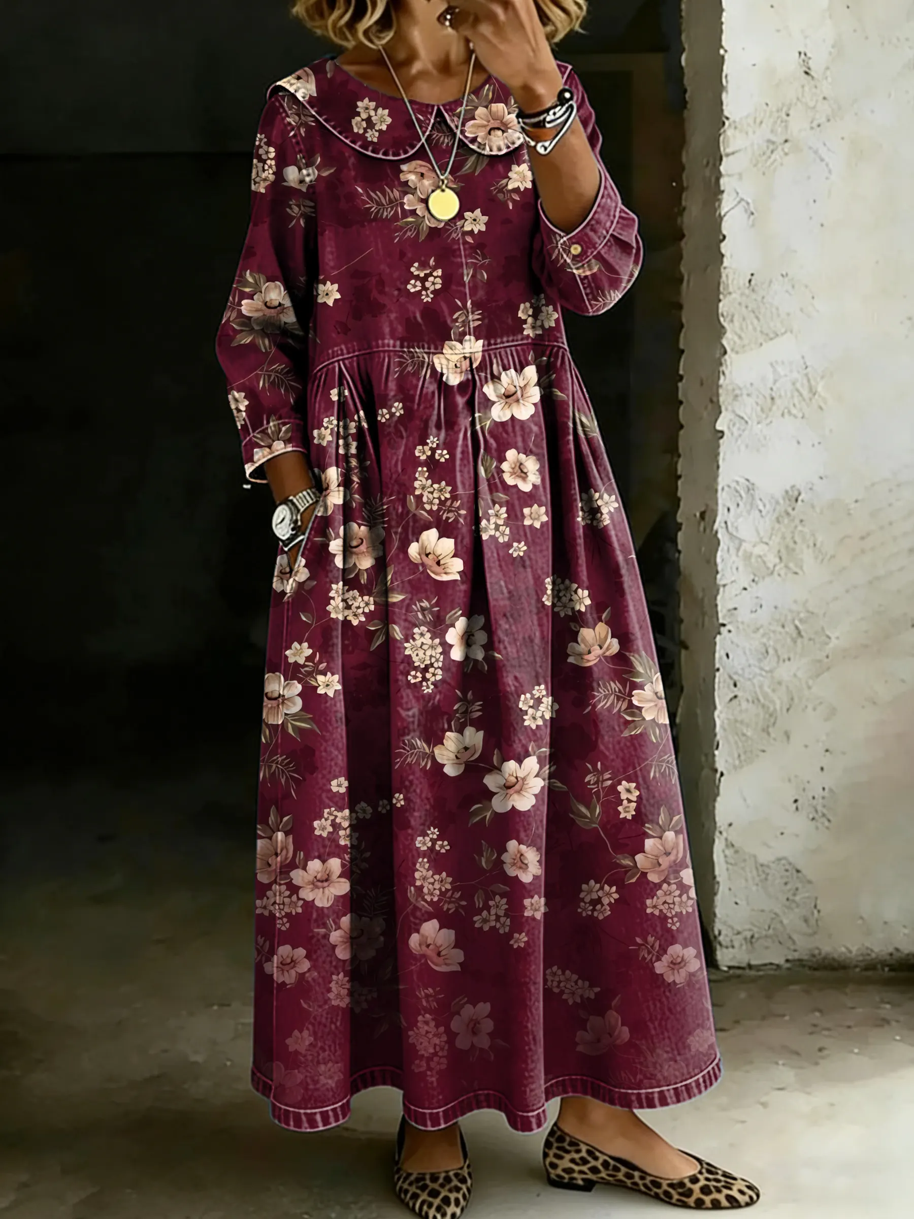 Women's Retro Floral Art Splicing Long-sleeved Loose-fitting Casual Denim Dress