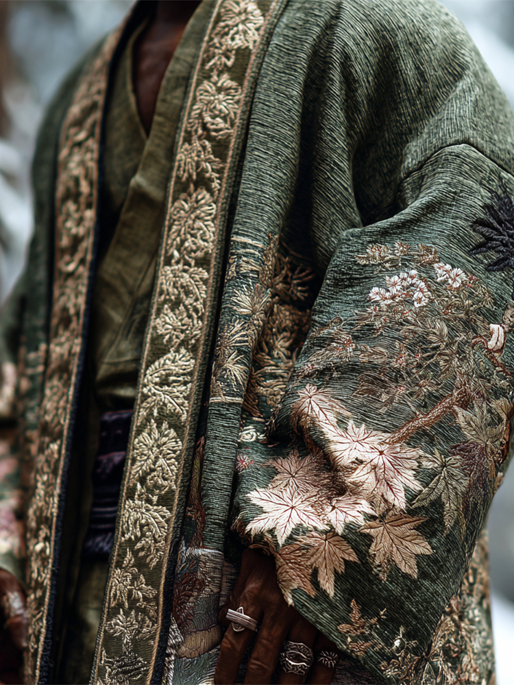 Japanese Maple Leaf Embroidery Art Men's Kimono