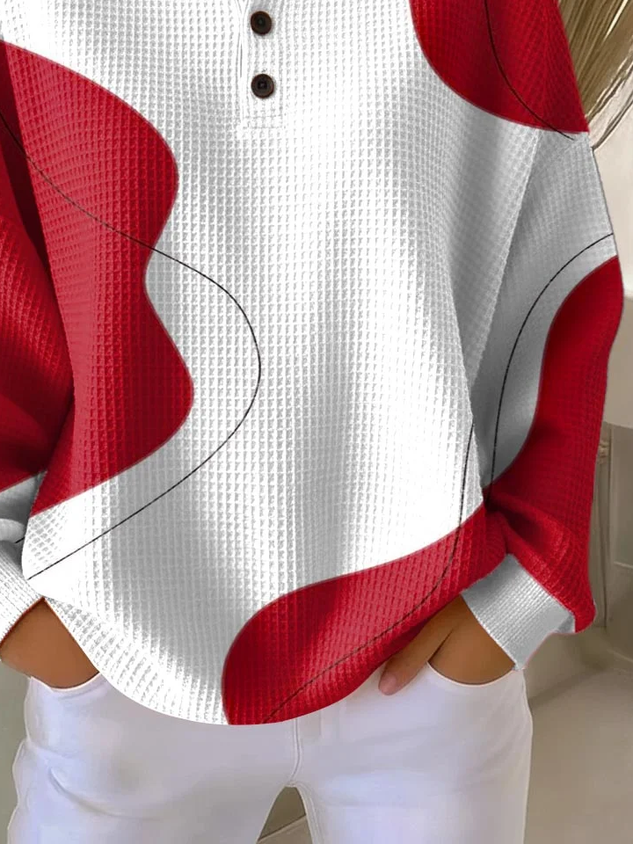 Women's Abstract Print Button-Up Casual Waffle Knit Sweatshirt