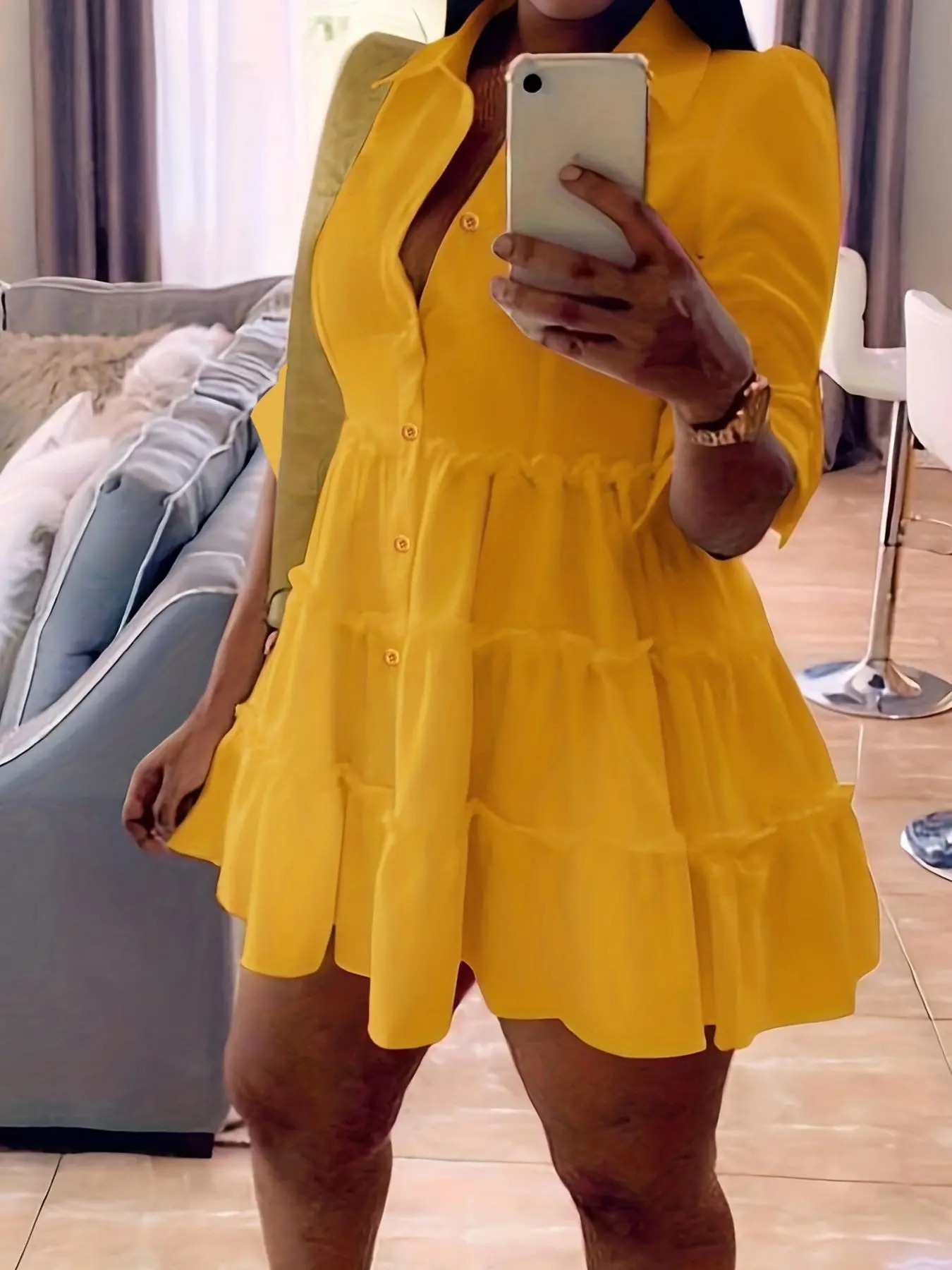 Elegant Frill Trim Button-Down Shirt Dress