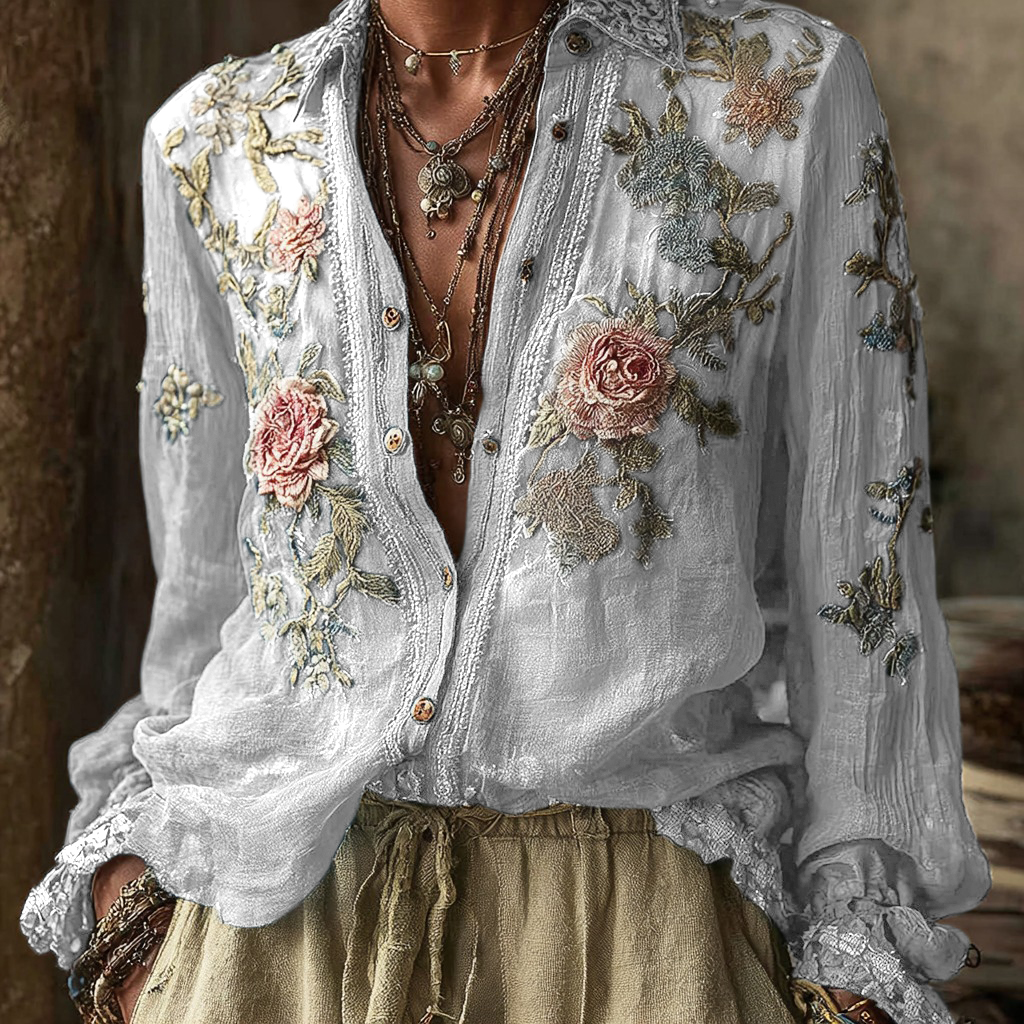 Women's Vintage Bohemian Floral Pattern Linen Long Sleeve Shirt