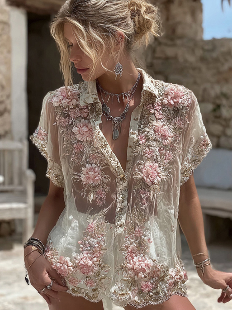 Women's Pink Rose Embroidery Art Short Sleeve Linen Blend Shirt