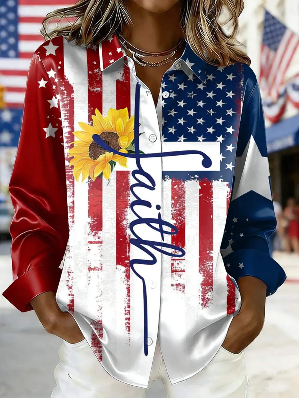 America Flag Printing Long Sleeve Loose Shirt For Women