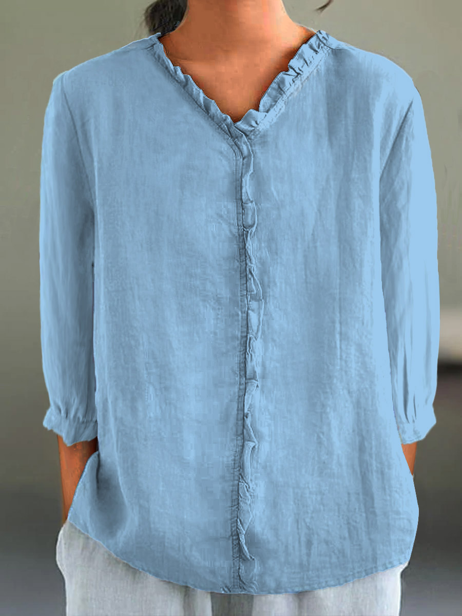 Women's Casual Cotton And Linen Ruffle Collar 3/4 Sleeve Shirt