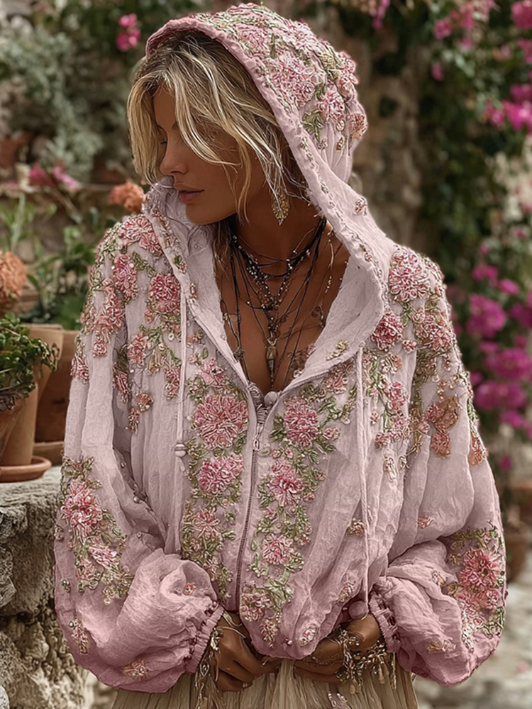 Bohemian Style Pink Rose Vintage Zip-up Hoodie