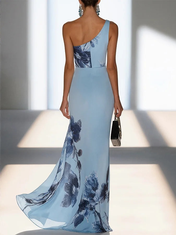 Light Blue Satin Ink Painting Print Off-shoulder Maxi Dress