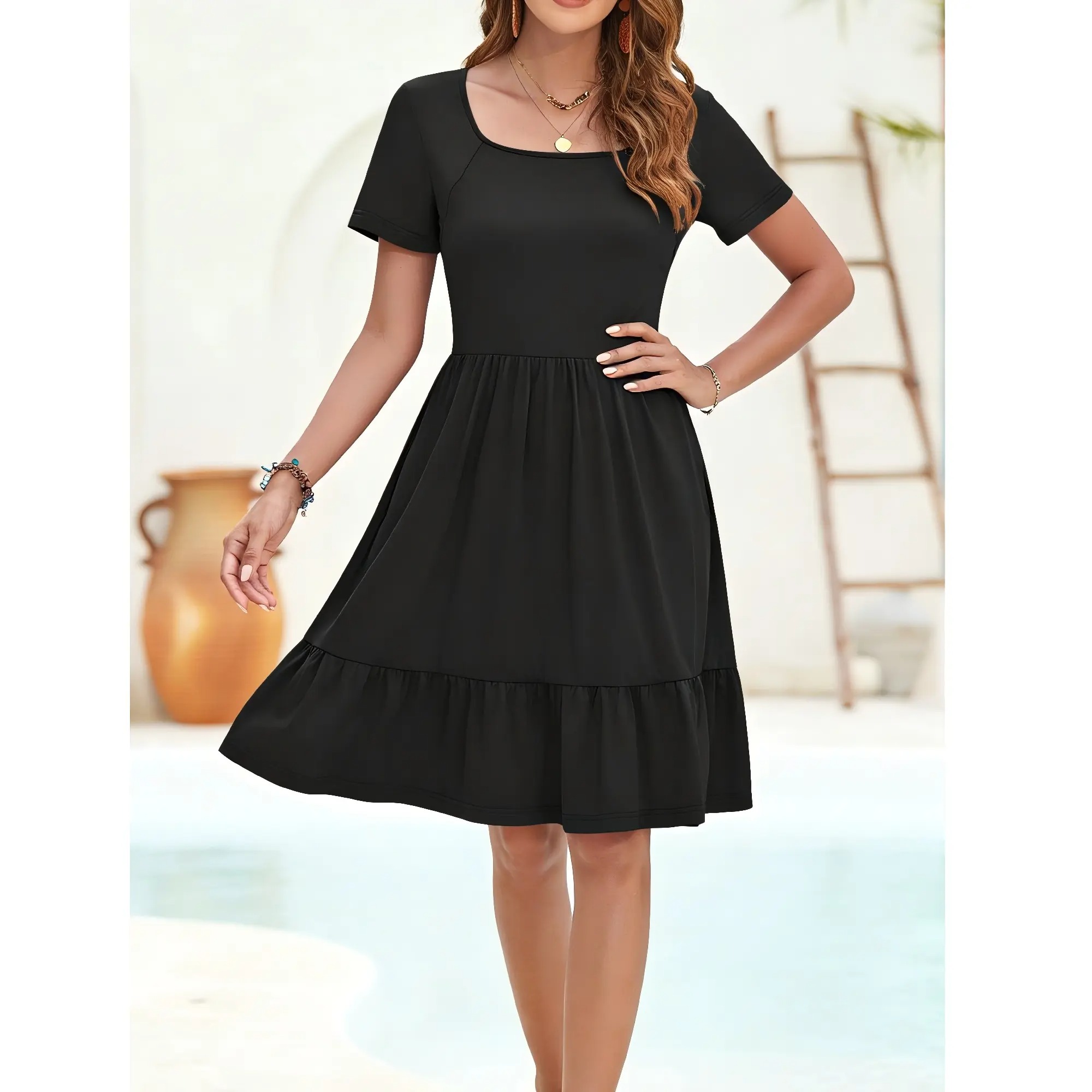 Womens Square Neck Casual Short Sleeve Dress 2026