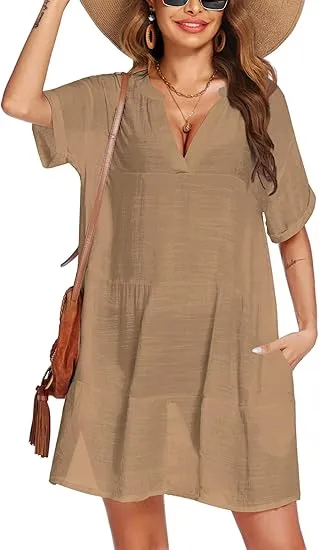 Women’s Tassel Swimsuit Cover Up Dress – V-Neck Short Sleeve Beach Cover Up Shirt