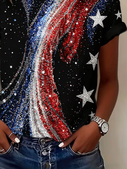 Women's Short Sleeve T-shirt Summer Black America Flag Printing Jersey Crew Neck Daily Going Out Casual Top