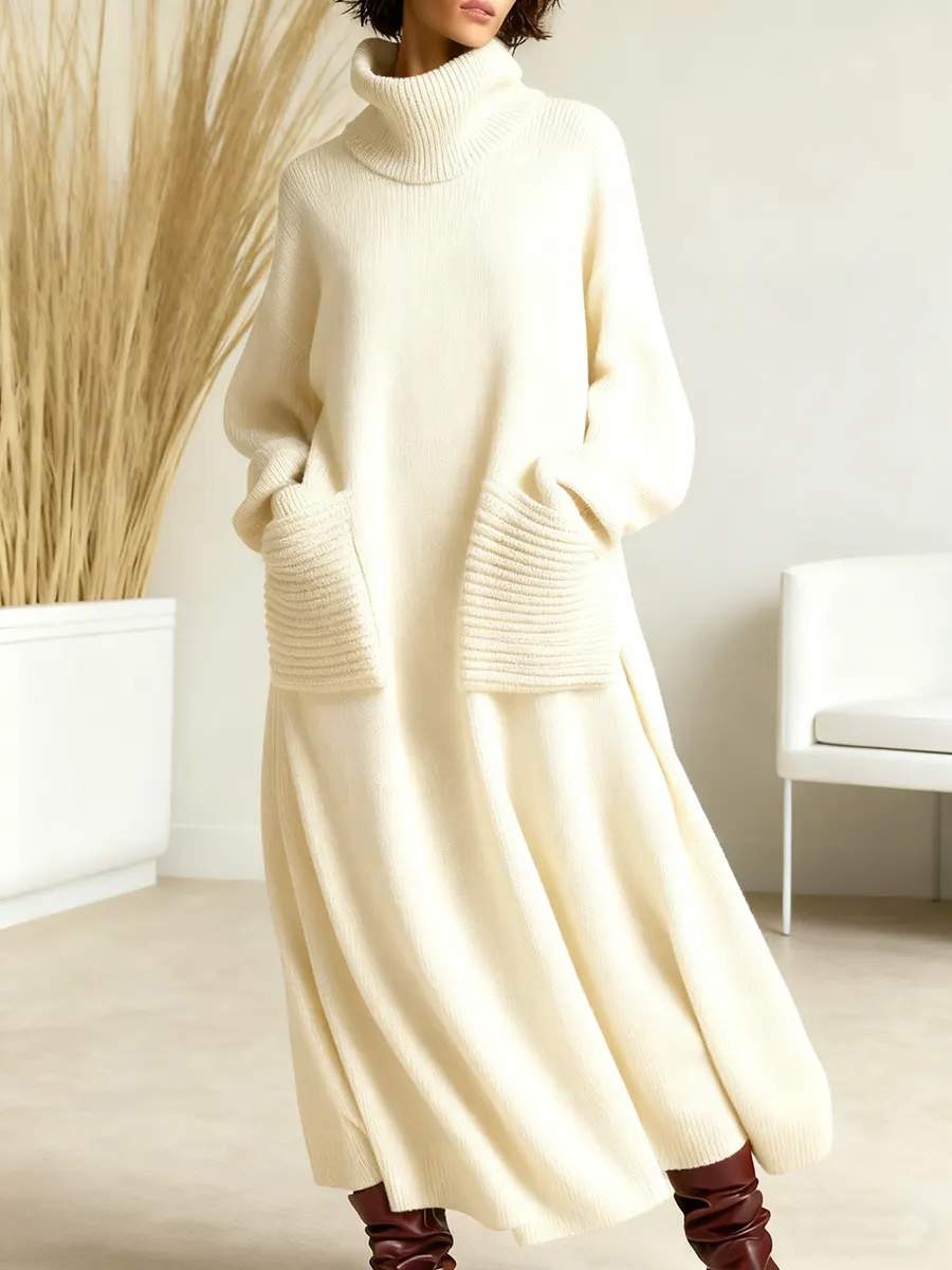 Women's Solid Color High-Neck Long-Sleeve Casual Loose Knit Dress