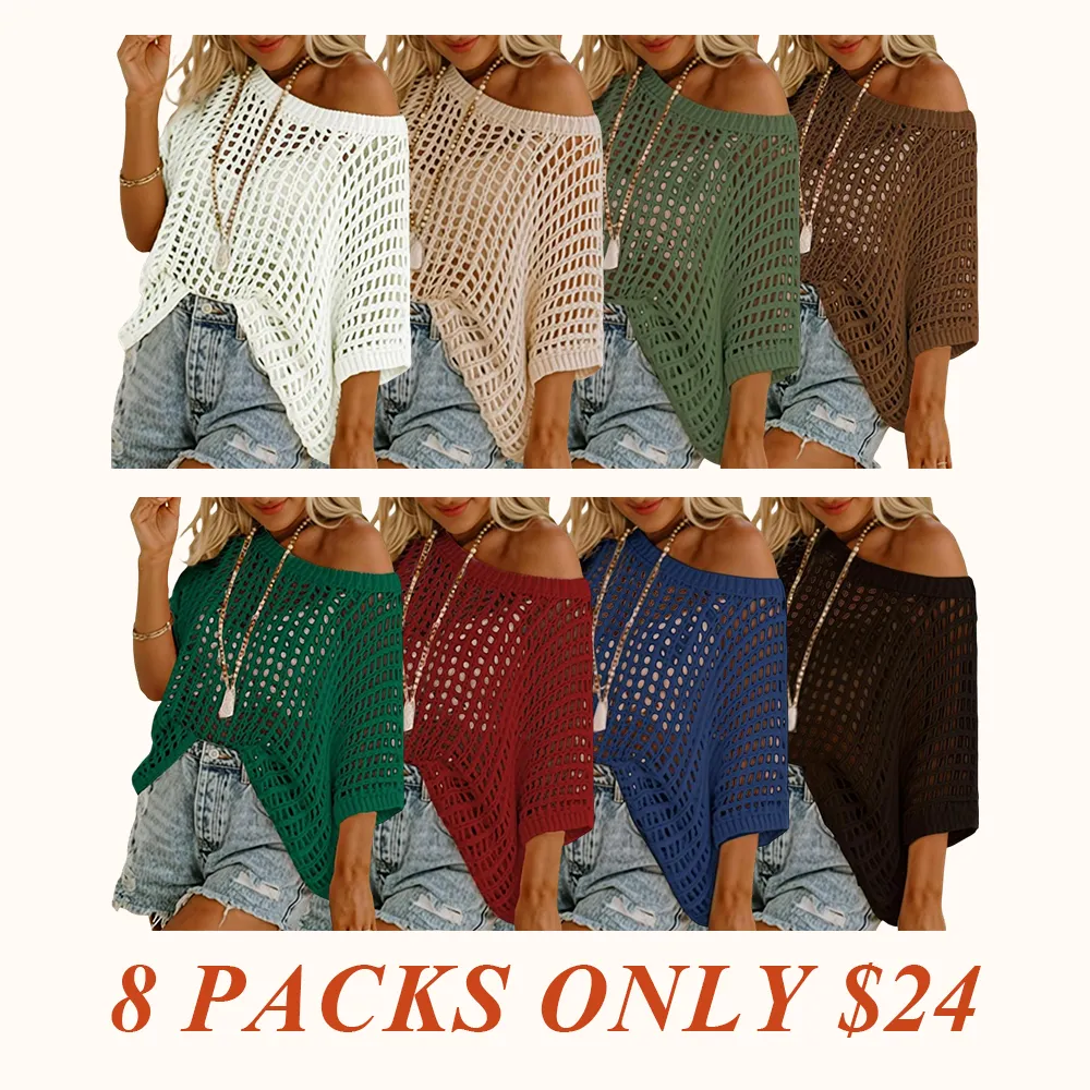 Womens Summer Scoop Neck Short Sleeve Sweater Casual Crochet Hollow Out Knit Tops