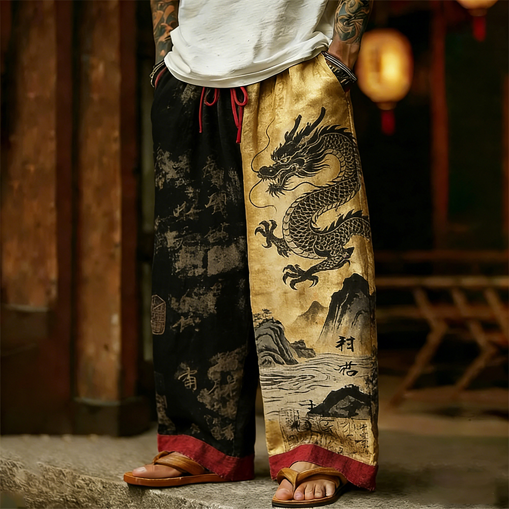 Men's Japanese Art Dragon Totem Print Contrasting Color Trousers