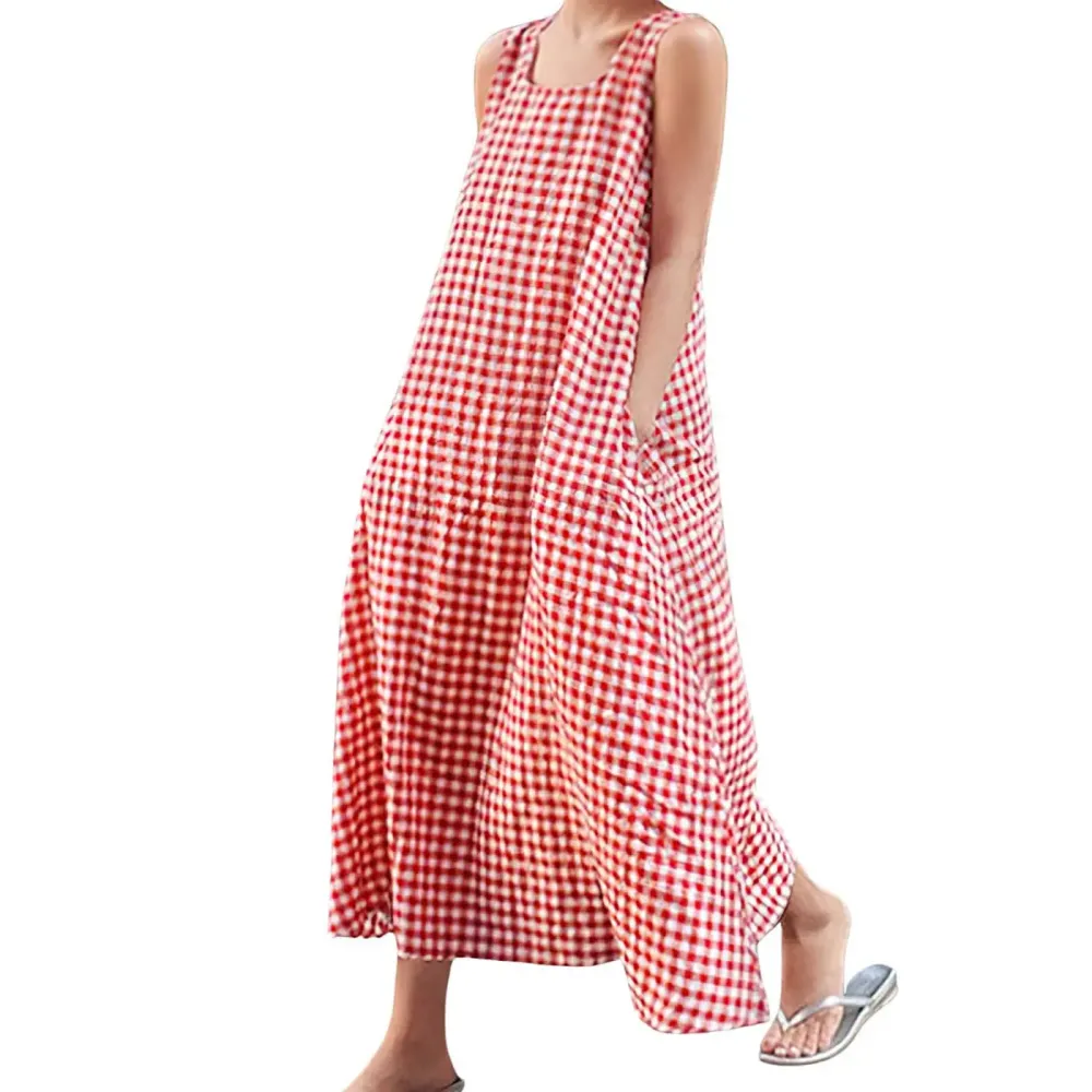 Women's Plaid Cotton Sleeveless Maxi Dress