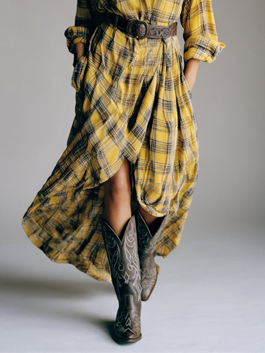 Casual loose retro plaid shirt dress with belt