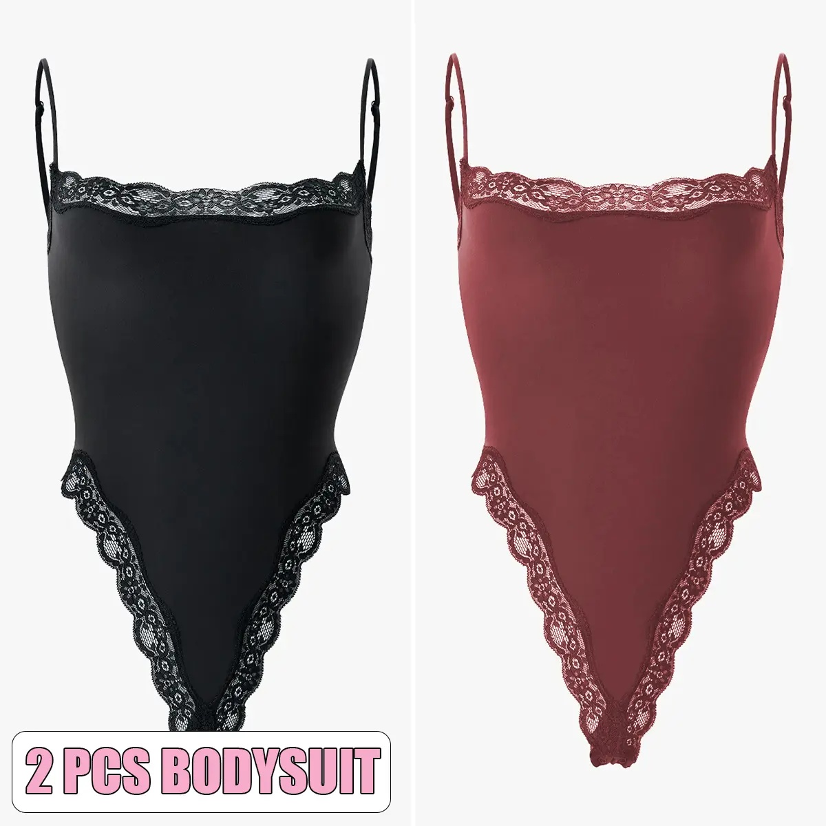 KatchMe Lace Series Women's Simple Style Spaghetti Strap Lace Trim Breathable Bodysuit