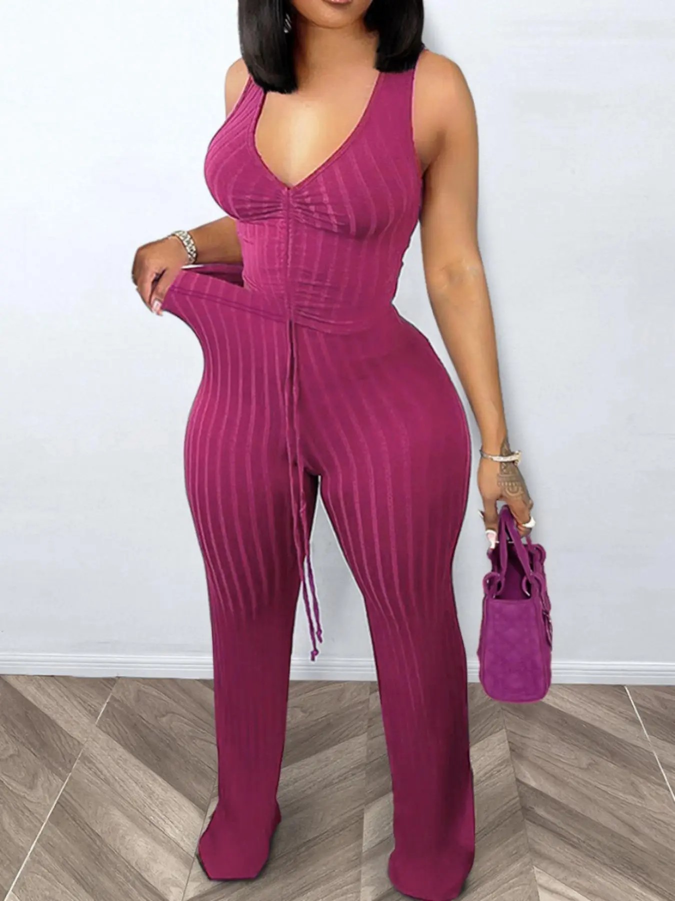 Women's Solid Ribbed Ruched Drawstring Crop Tank Top & High-Waisted Pants Set