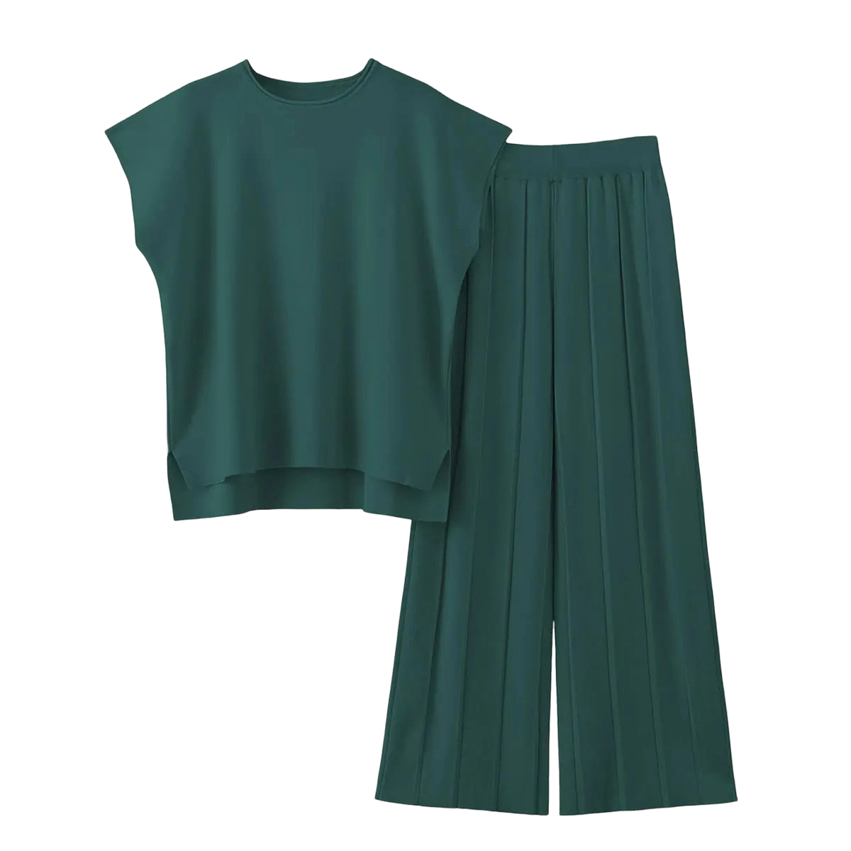 ✨ Women’s Knit Two-Piece Lounge Set – Cap Sleeve Top & Wide Leg Pants