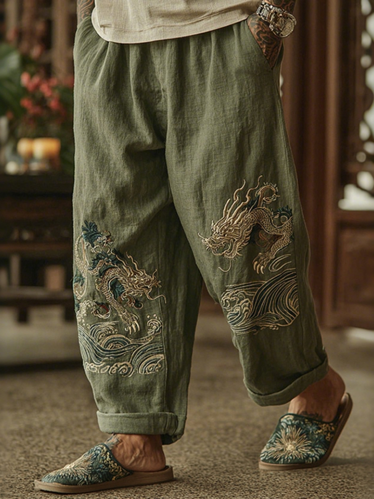 Men's Japanese Bamboo Art Flowy Wide Leg Linen Pants