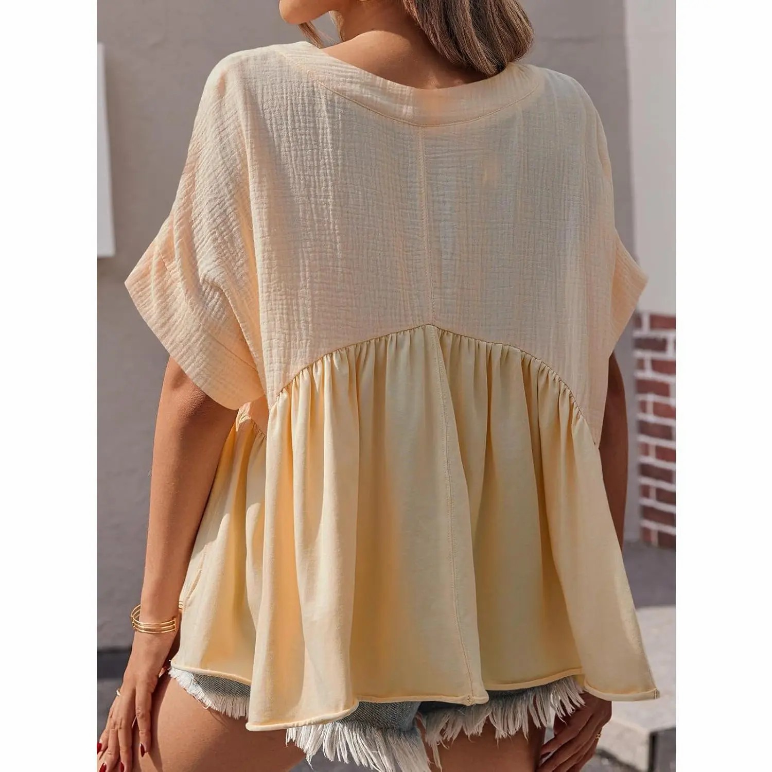Womens Summer Babydoll Tops V Neck Short Sleeve Pleated Flowy Shirts