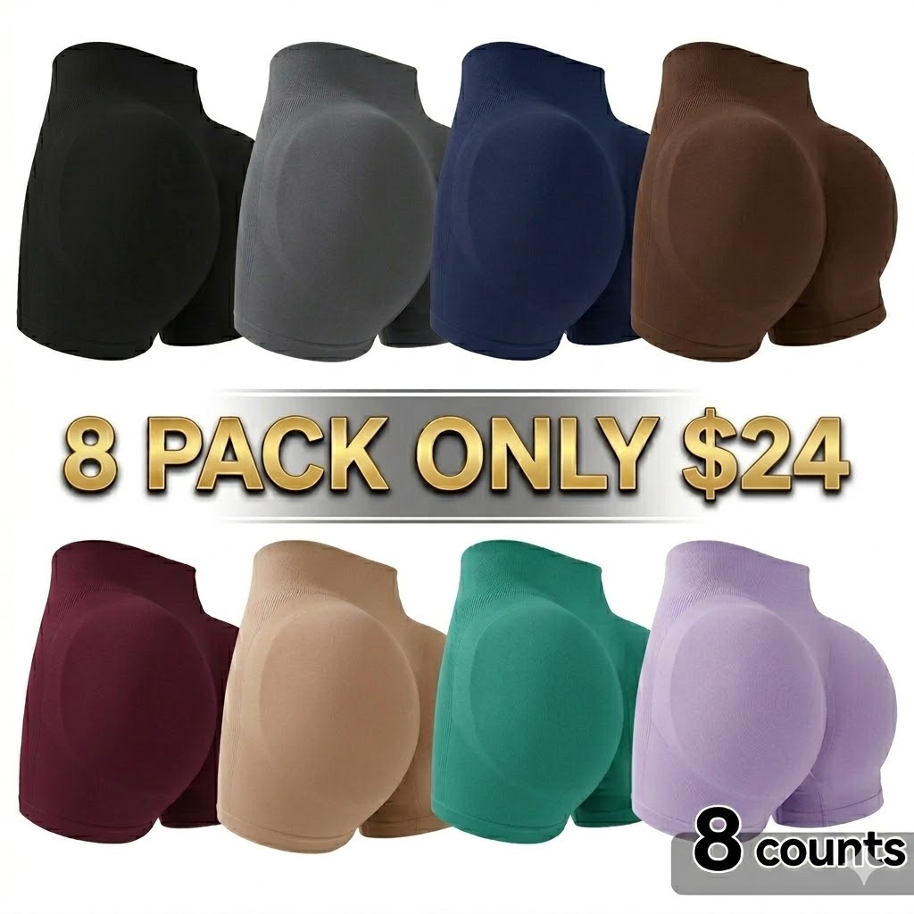 8-Pieces High Waist Tummy Control Side-Ribbed Butt-Lifting Seamless Shorts