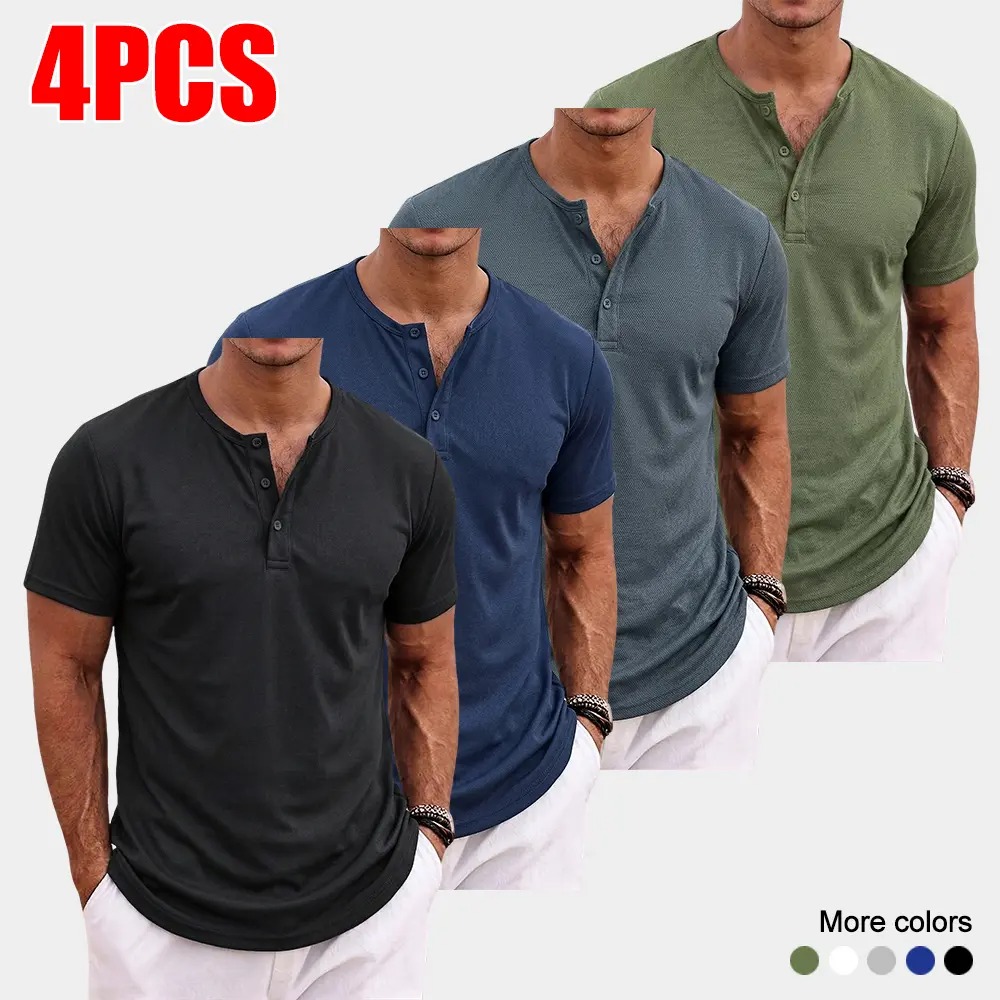 Men's Casual Short Sleeve Henley Shirt Breathable Button Placket Top